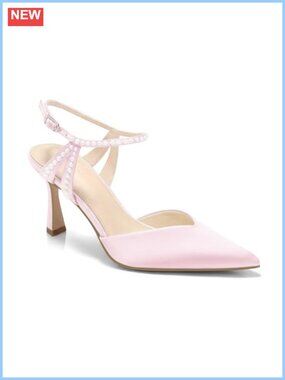 Womens 3.5 Inch Kitten Heel Satin Pumps Pearl Ankle Strap Wedding Dress Shoes